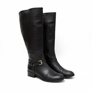 Ralph Lauren Black Leather Marion Riding Boots With Gold Buckle Detail